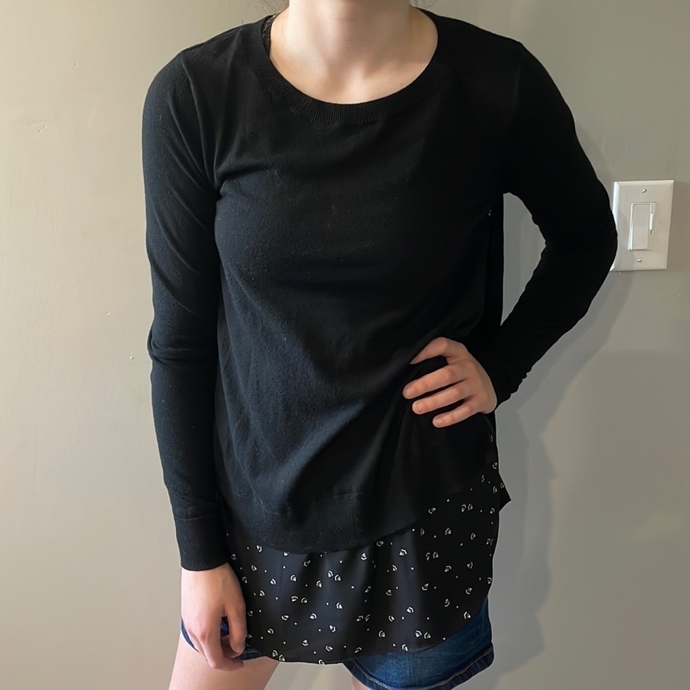 LOFT Black Fooler Wool Blend Sweater Black & White Patterned Underlay Women's S